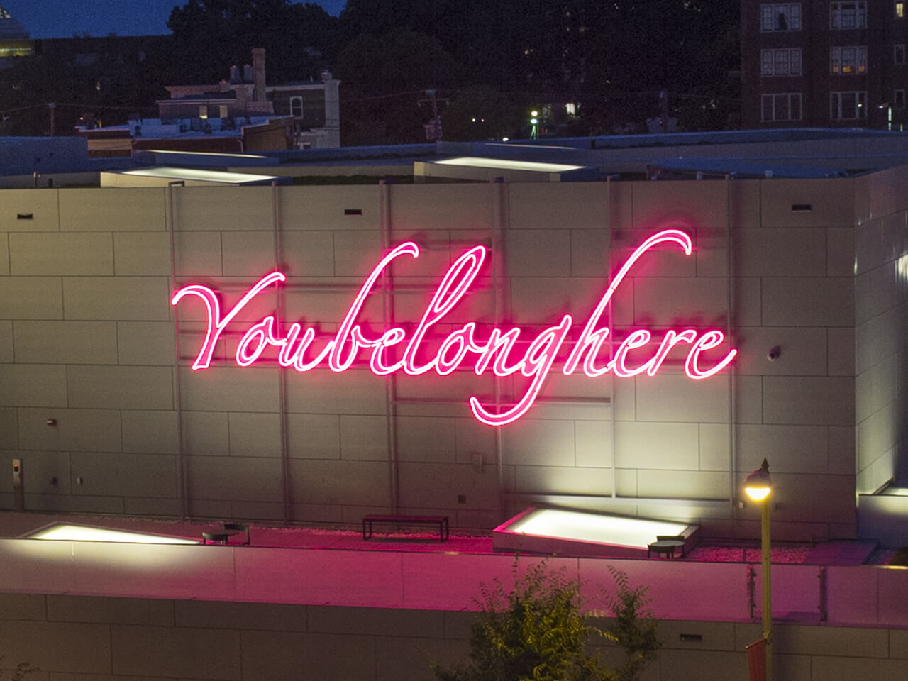 Neon sign with the words You belong here in pink