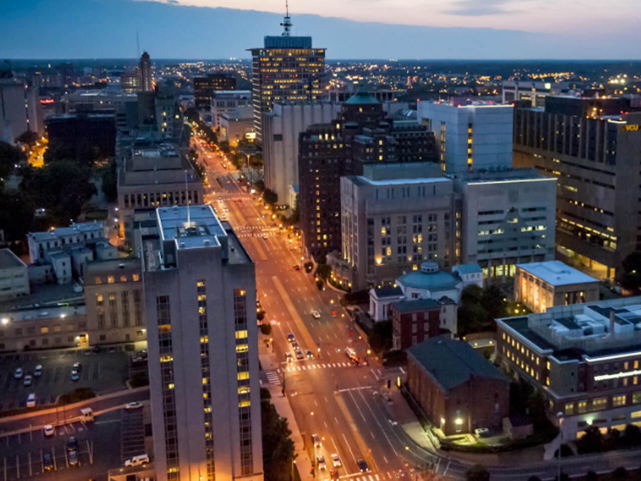 Aerial view of the city at night