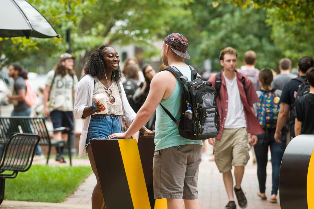 Students talking outside Shafer Court